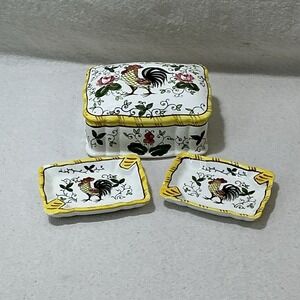 Vntg Ceramic Rooster Roses Cigarette Trinket Box Early Provincial Ashtrays Japan
